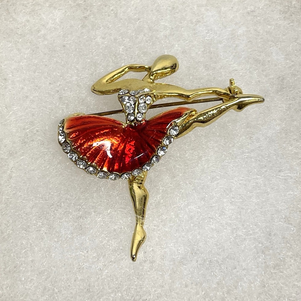 Vintage Unbranded Gold Tone Ballerina Brooch Pin‎ Red Enamel Tutu Rhinestones